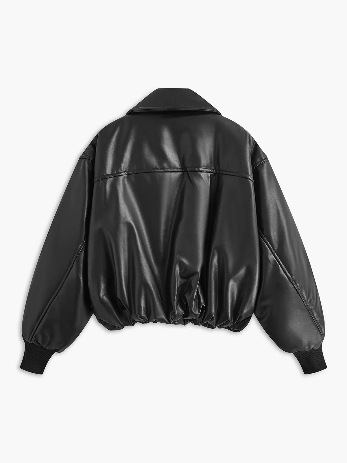 Pleated Zipper Lapel PU Leather Jacket