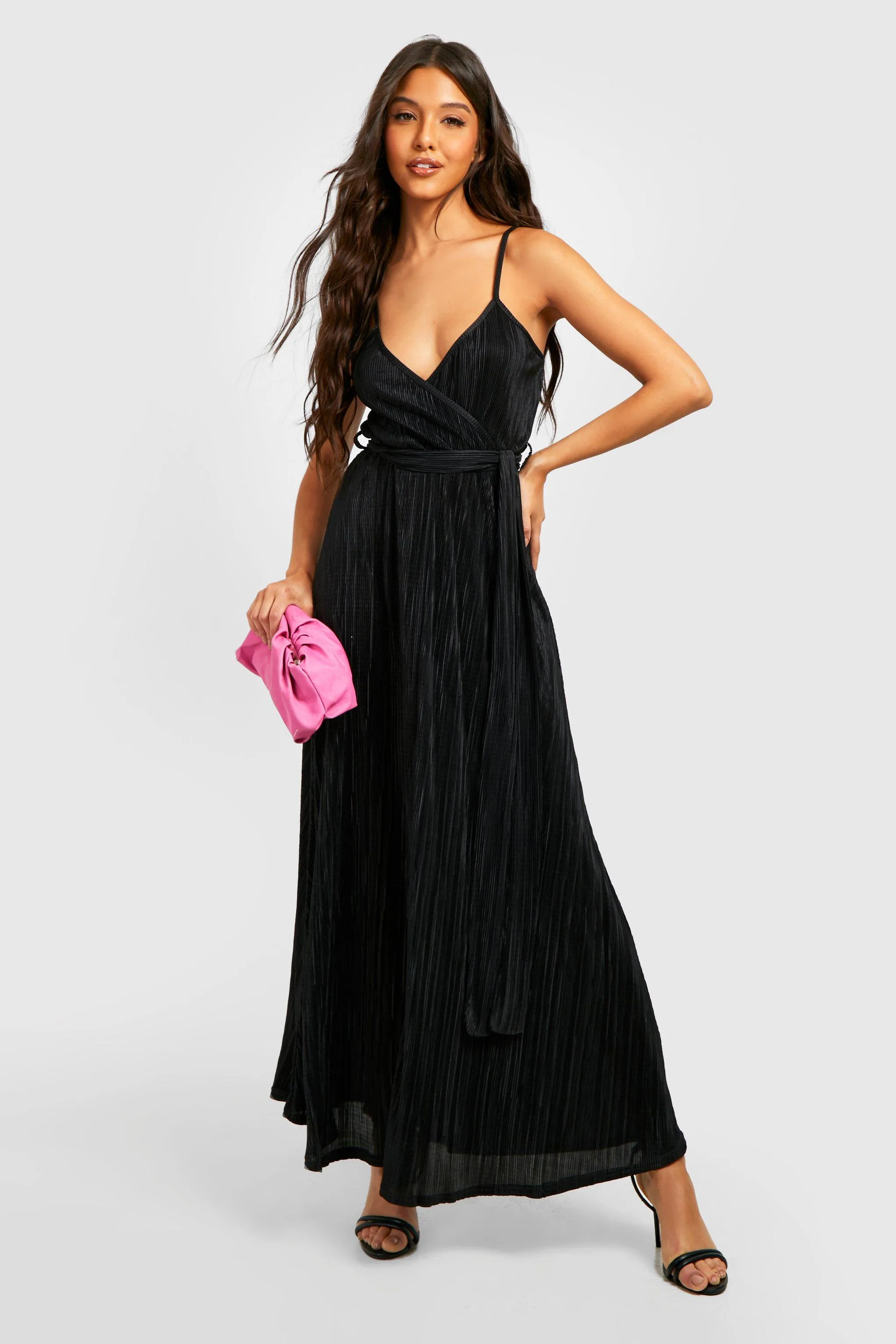 Plisse Wrap Tie Waist Midi Dress