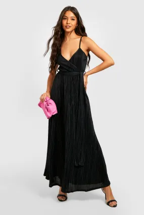 Plisse Wrap Tie Waist Midi Dress