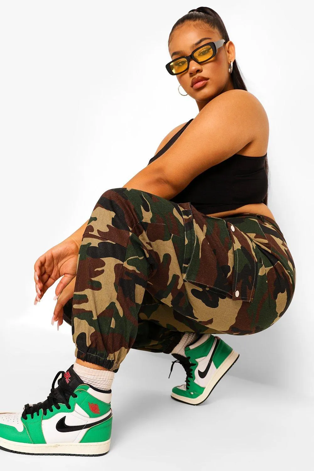 Plus Colour Block Camo Print Cargo Pants