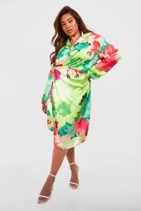 Plus Floral Satin Wrap Dress
