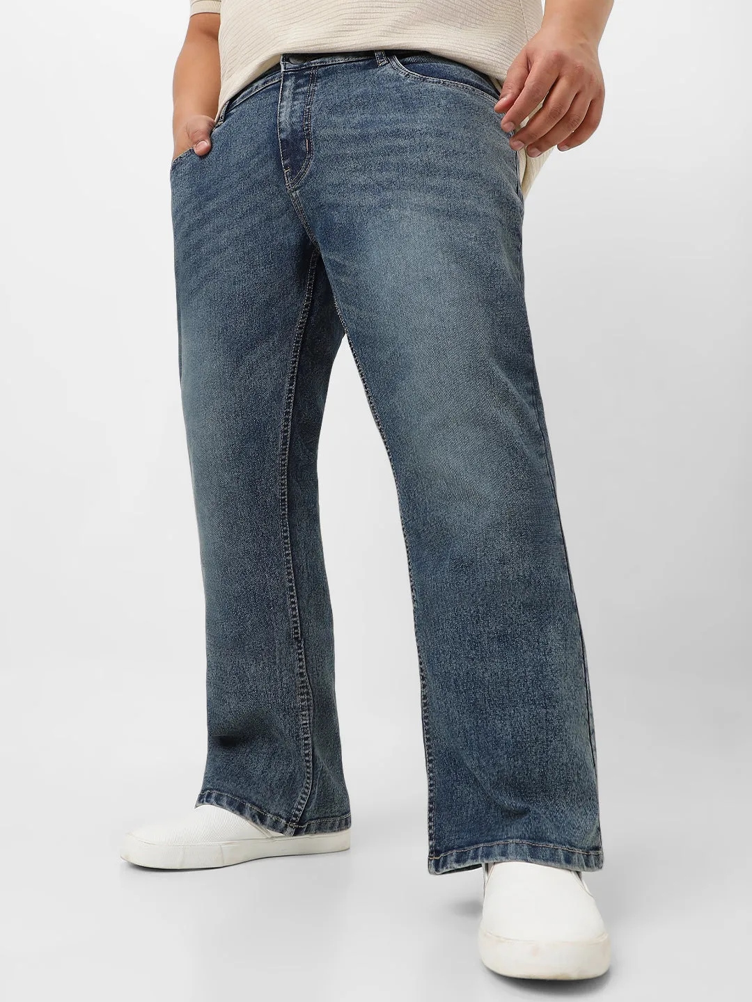 Plus Men's Blue Washed Bootcut Jeans Stretchable