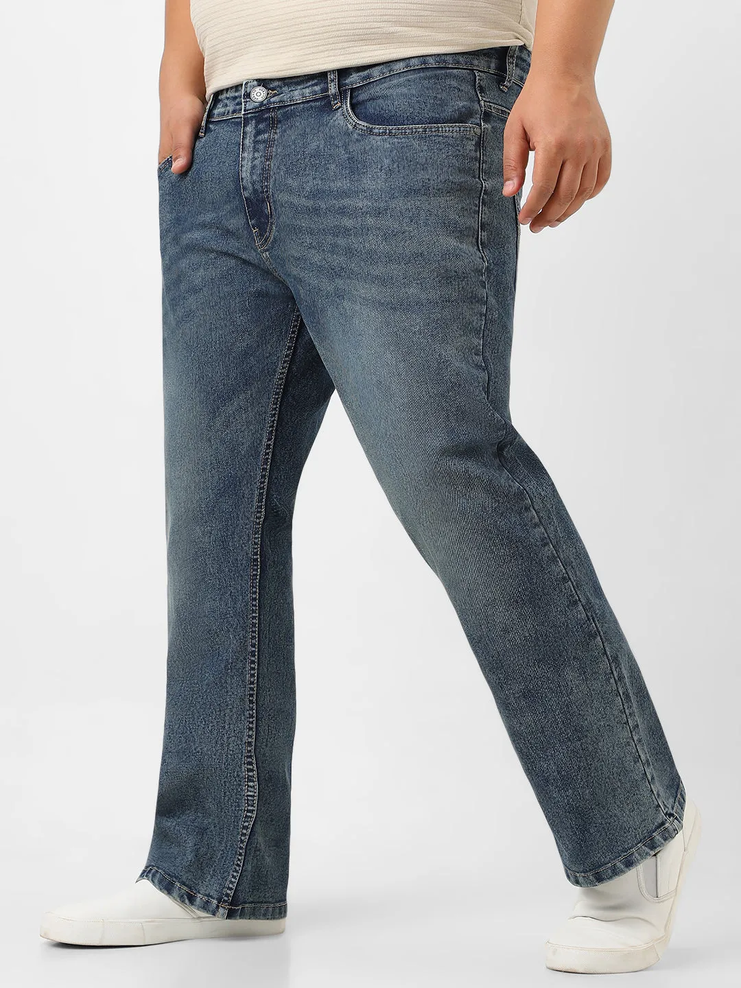 Plus Men's Blue Washed Bootcut Jeans Stretchable