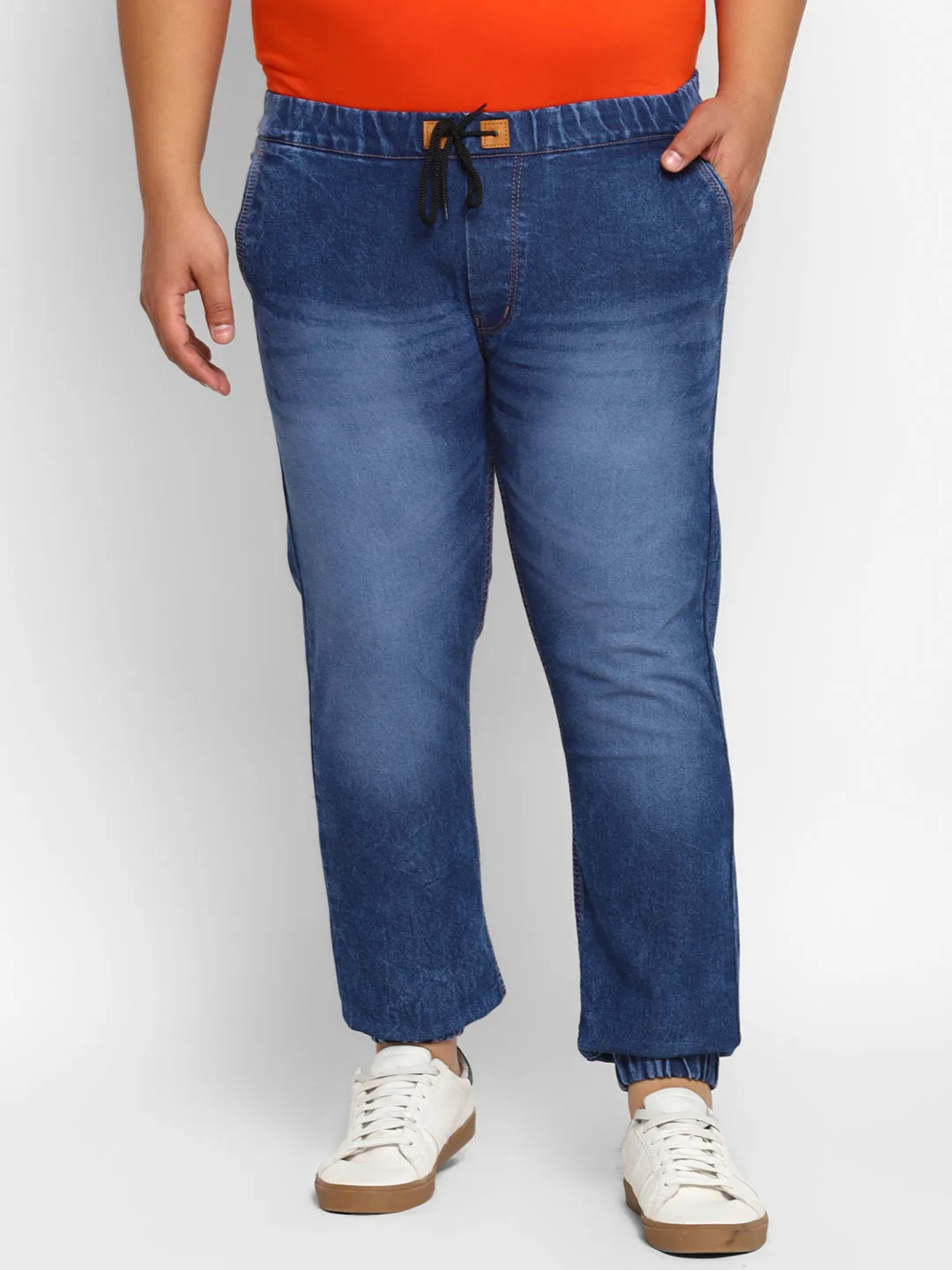 Plus Men's Dark Blue Regular Fit Washed Jogger Jeans Stretchable