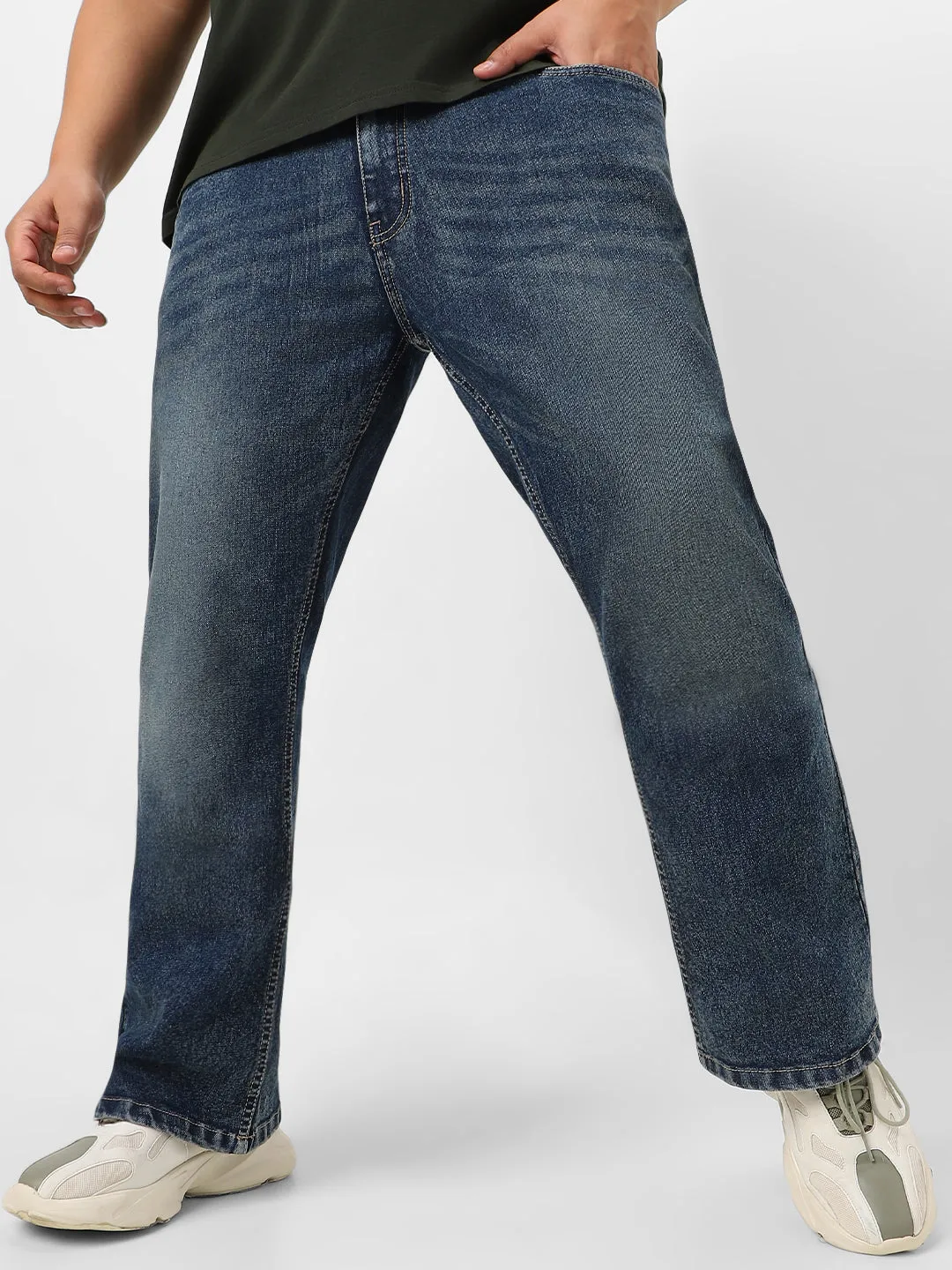 Plus Men's Dark Blue Washed Bootcut Jeans Stretchable