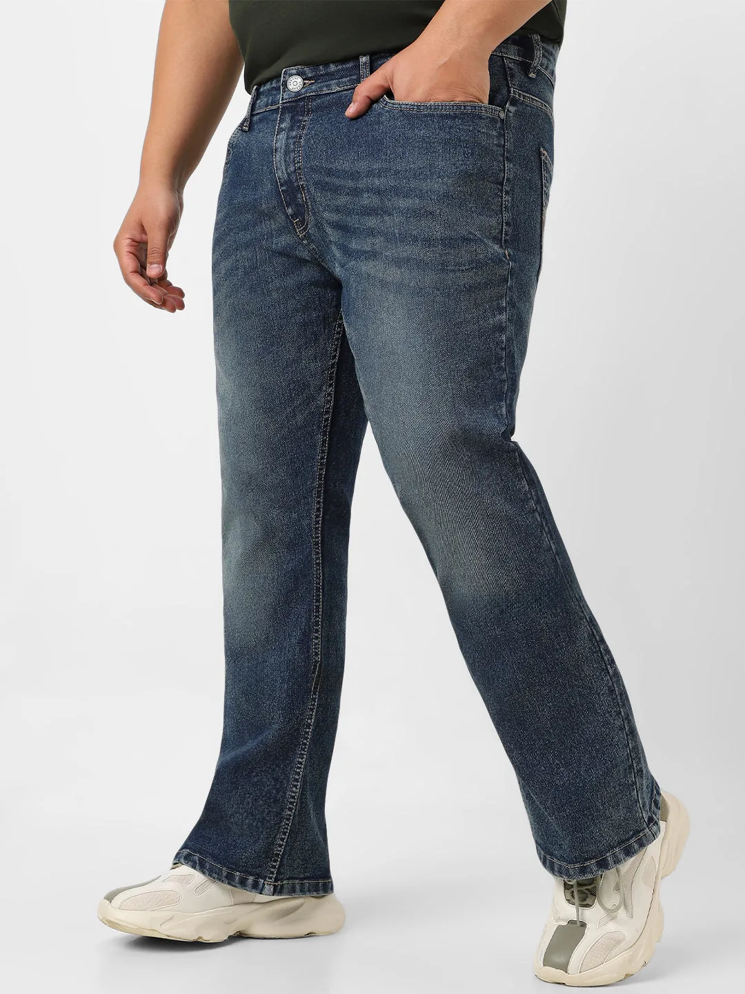 Plus Men's Dark Blue Washed Bootcut Jeans Stretchable