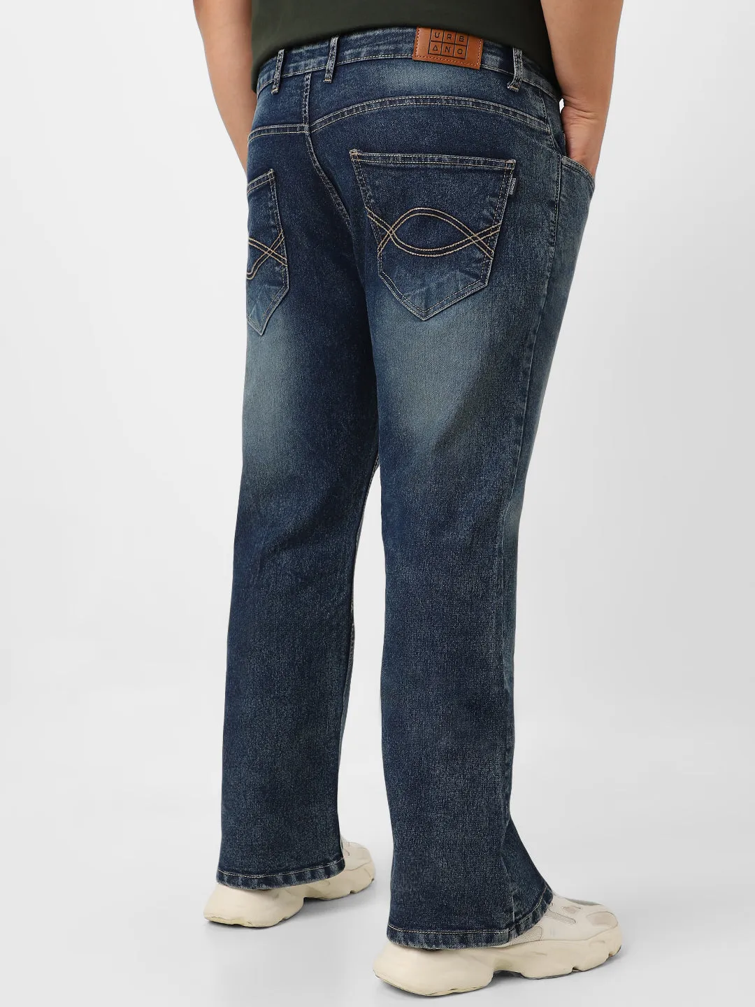 Plus Men's Dark Blue Washed Bootcut Jeans Stretchable