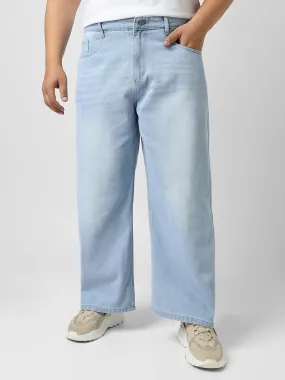 Plus Men's Ice Blue Loose Baggy Fit Washed Jeans Non-Stretchable