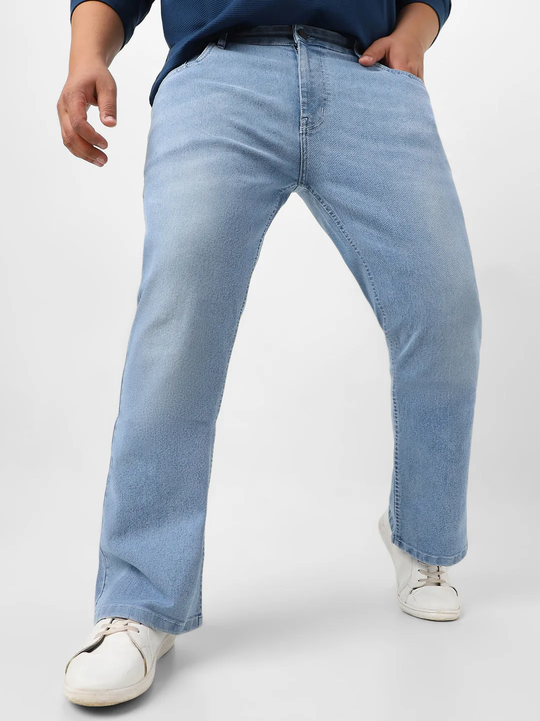 Plus Men's Ice Blue Washed Bootcut Jeans Stretchable