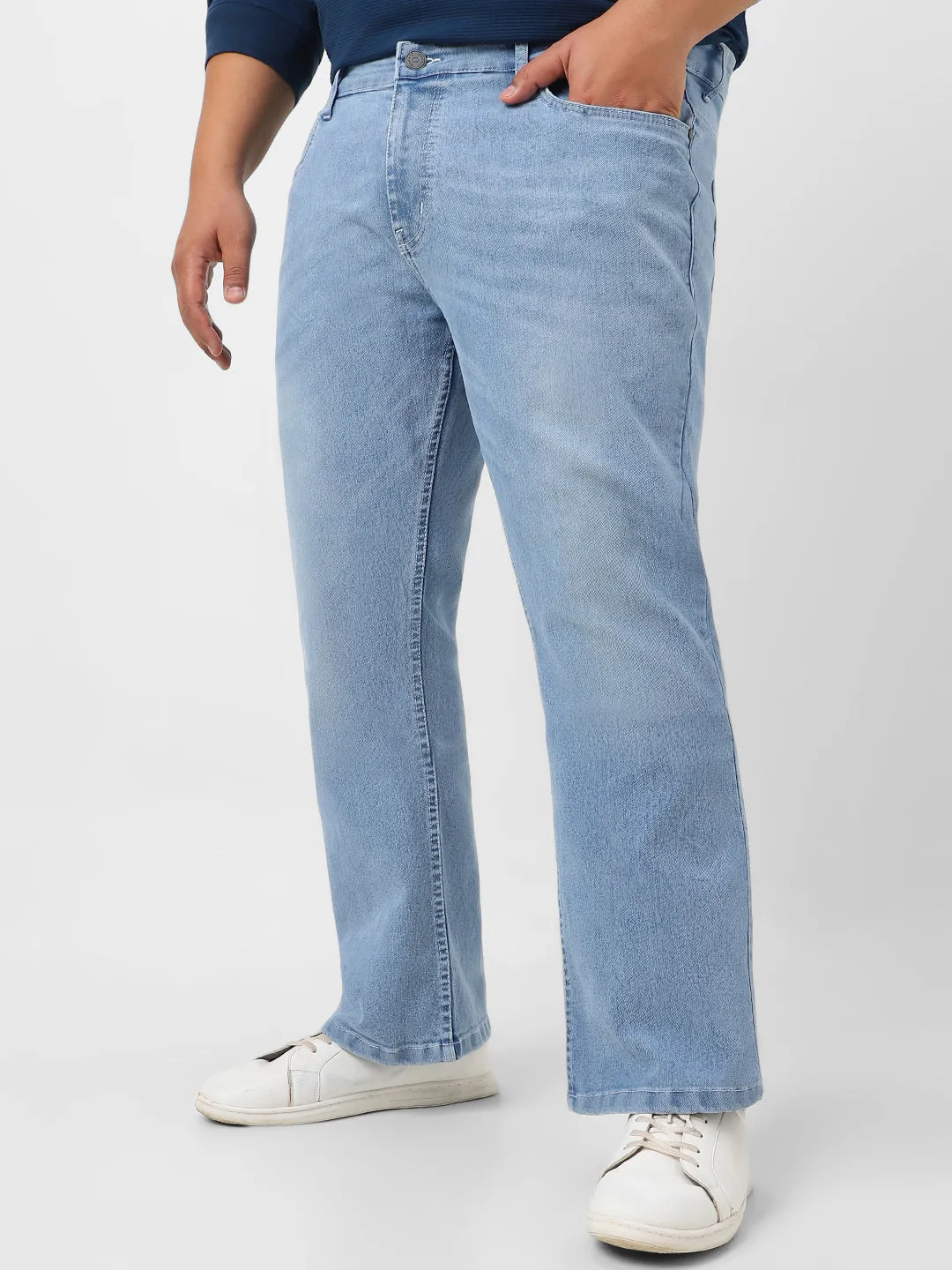 Plus Men's Ice Blue Washed Bootcut Jeans Stretchable