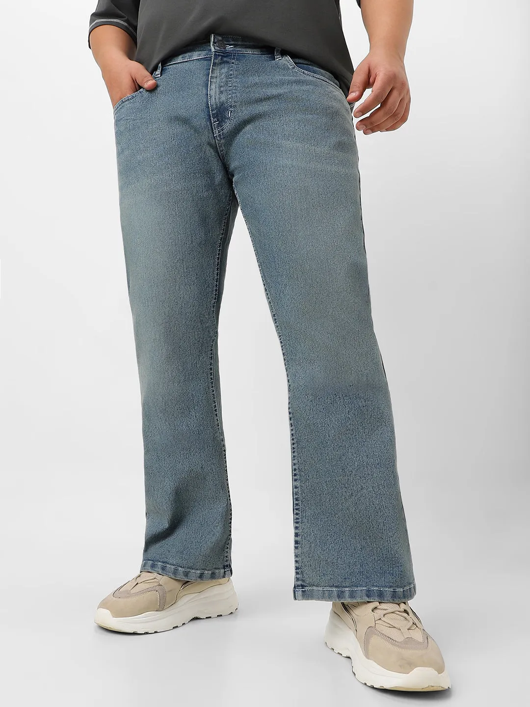 Plus Men's Light Blue Washed Bootcut Jeans Stretchable