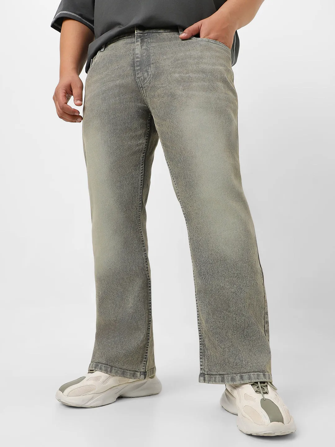 Plus Men's Light Grey Washed Bootcut Jeans Stretchable