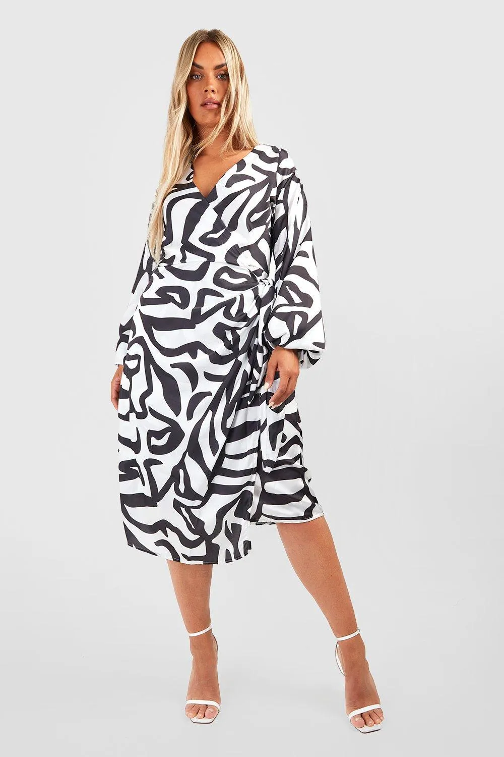 Plus Mono Print Wrap Midi Dress