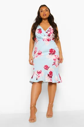 Plus Occasion Floral Wrap Peplum Midi Dress