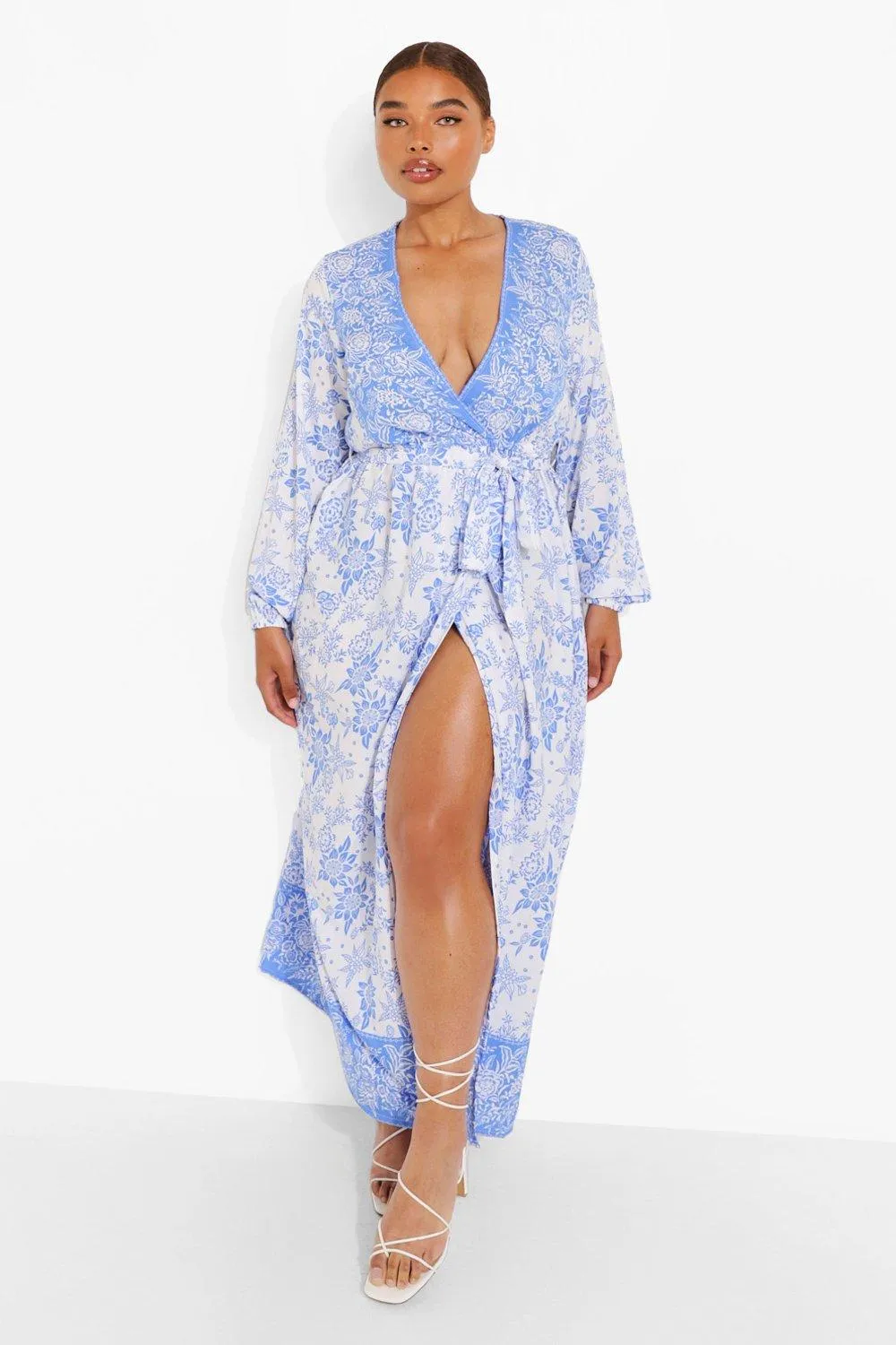 Plus Porcelain Wrap Tie Belt Maxi Dress