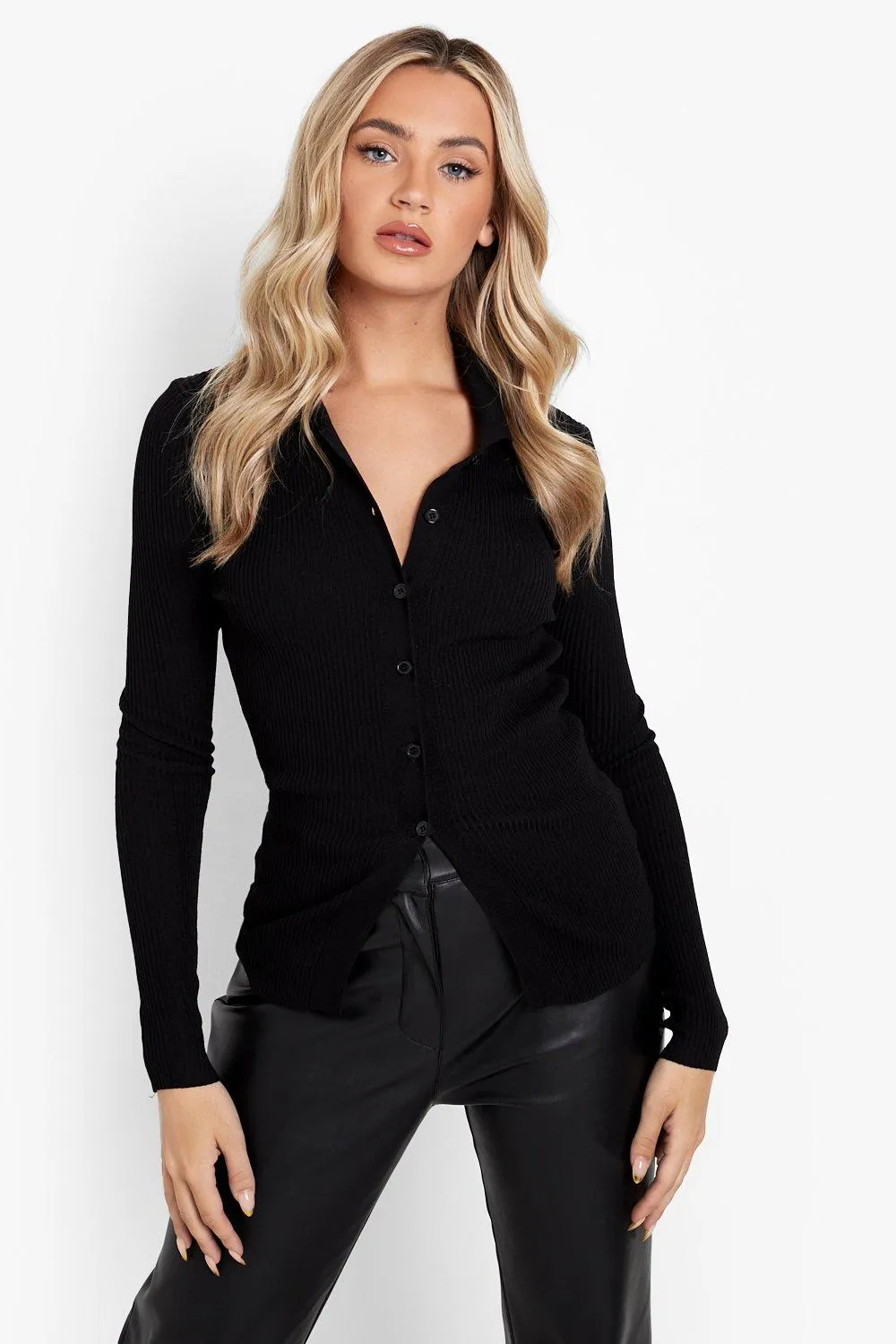 Polo Collar Rib Knit Cardigan