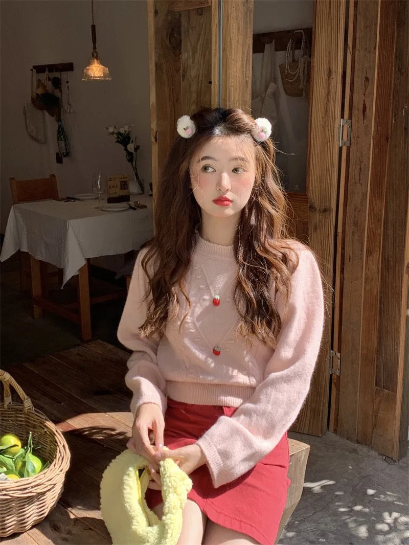 PPHOME autumn and winter Korean sweet three-dimensional handmade strawberry soft waxy knitted top round neck sweater