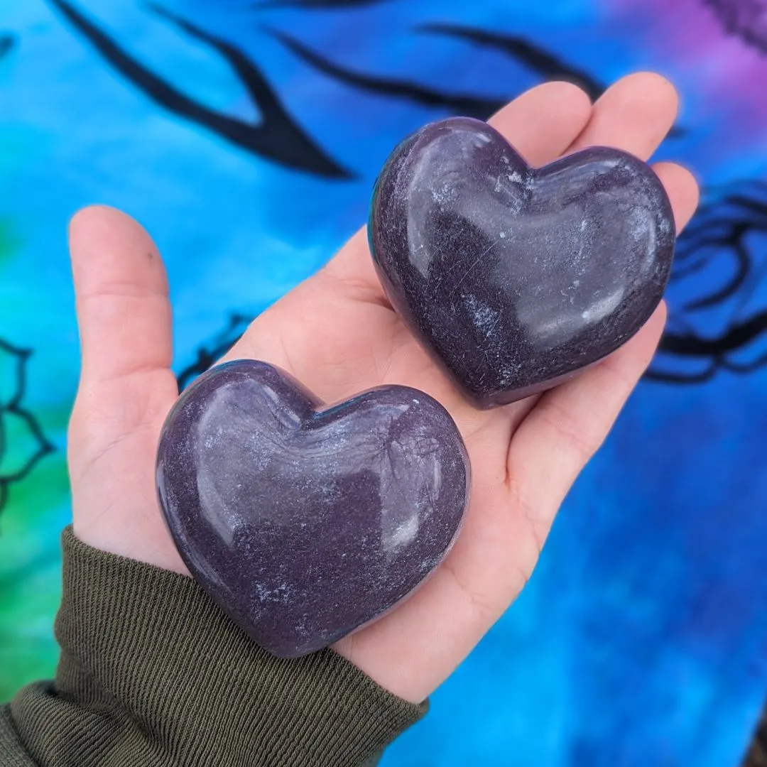 Quantum Heart Healing ~ Purple Lepidolite Puffy Heart Handheld Carvings ~ Mined and Carved in North Dakota, USA
