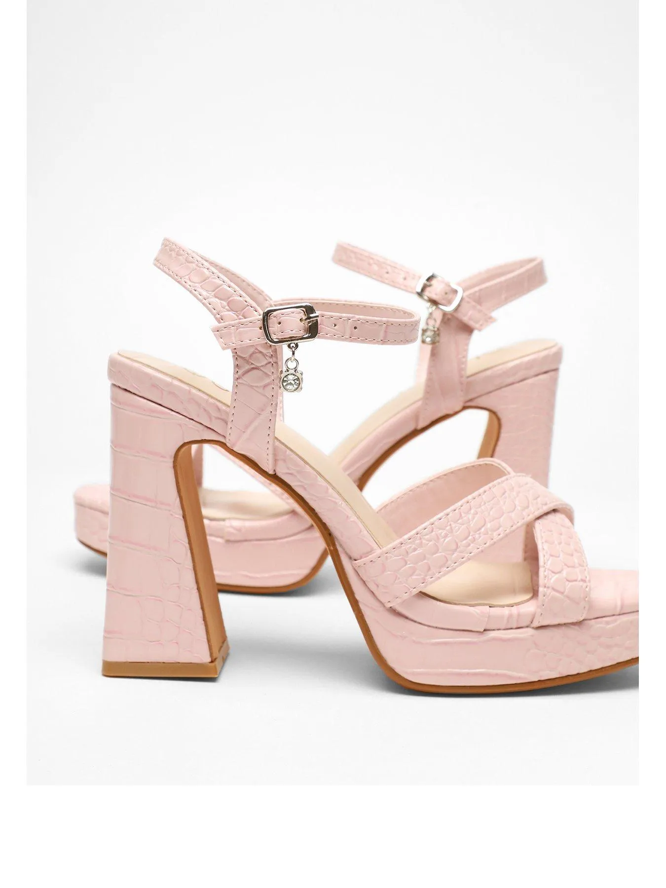 Quiz Light Pink Crocodile Cross Strap Platform Heeled Sandals