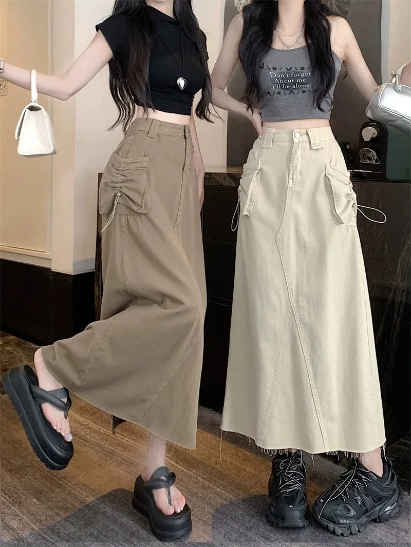 Raw edge denim skirt women's workwear skirt 2024 summer new high waist covering the flesh and slimming A-line skirt long skirt