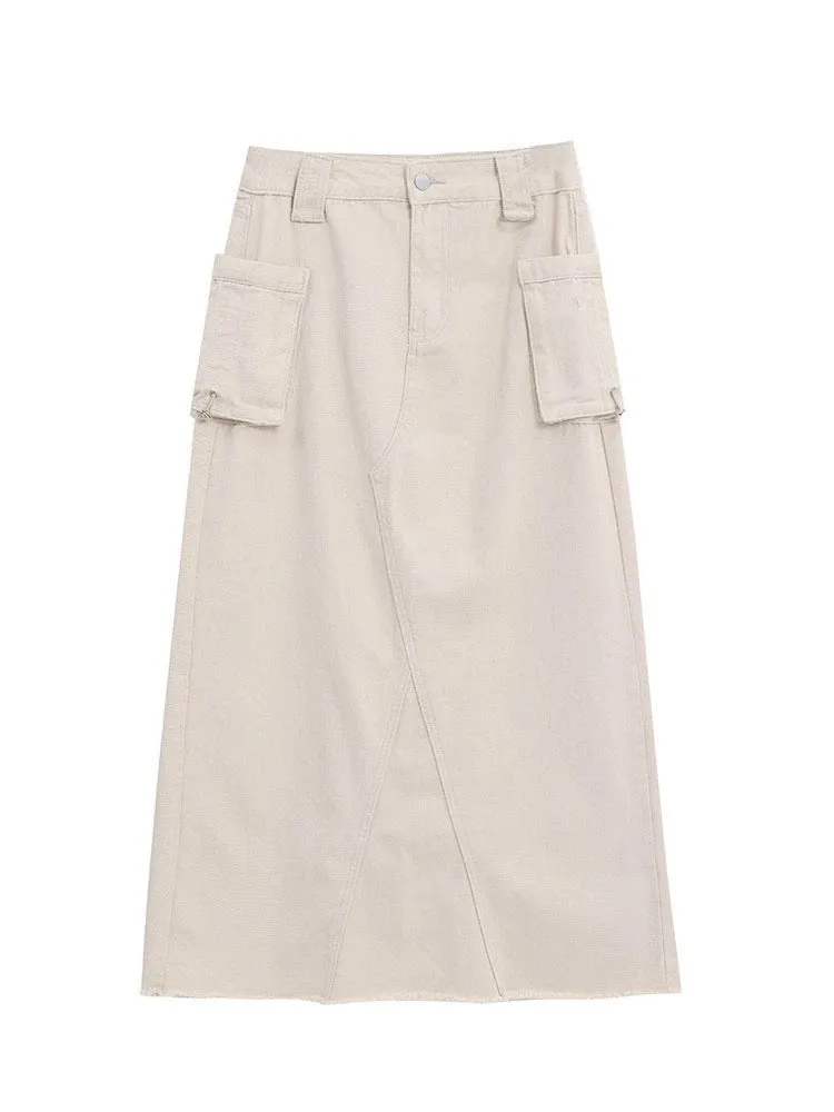 Raw edge denim skirt women's workwear skirt 2024 summer new high waist covering the flesh and slimming A-line skirt long skirt
