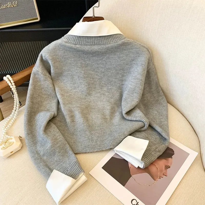 Recommended by Nancy Cici for her own use ~ Xiaoxiangfeng knitted splicing long-sleeved fake two-piece loose shirt cardigan for 