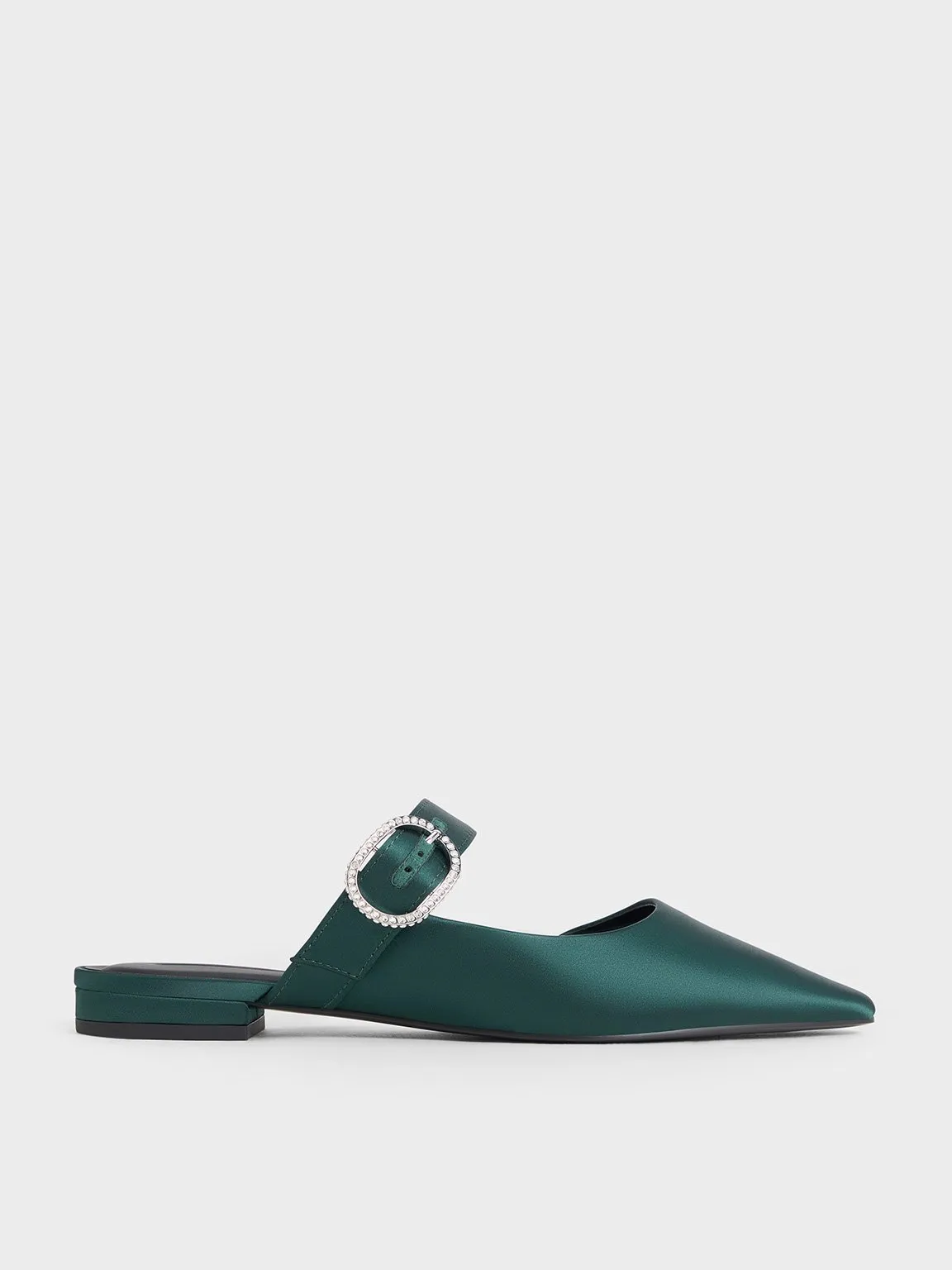 Recycled Polyester Crystal-Buckle Pointed-Toe Mules - Dark Green
