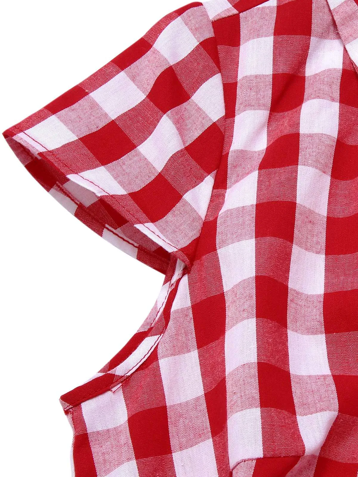 Red 1940s Lapel Plaids Belted Romper