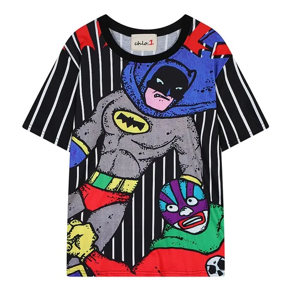 Red Black White Stripes Superhero Batman Comic Harajuku Funky Short Sleeves T Shirt Top