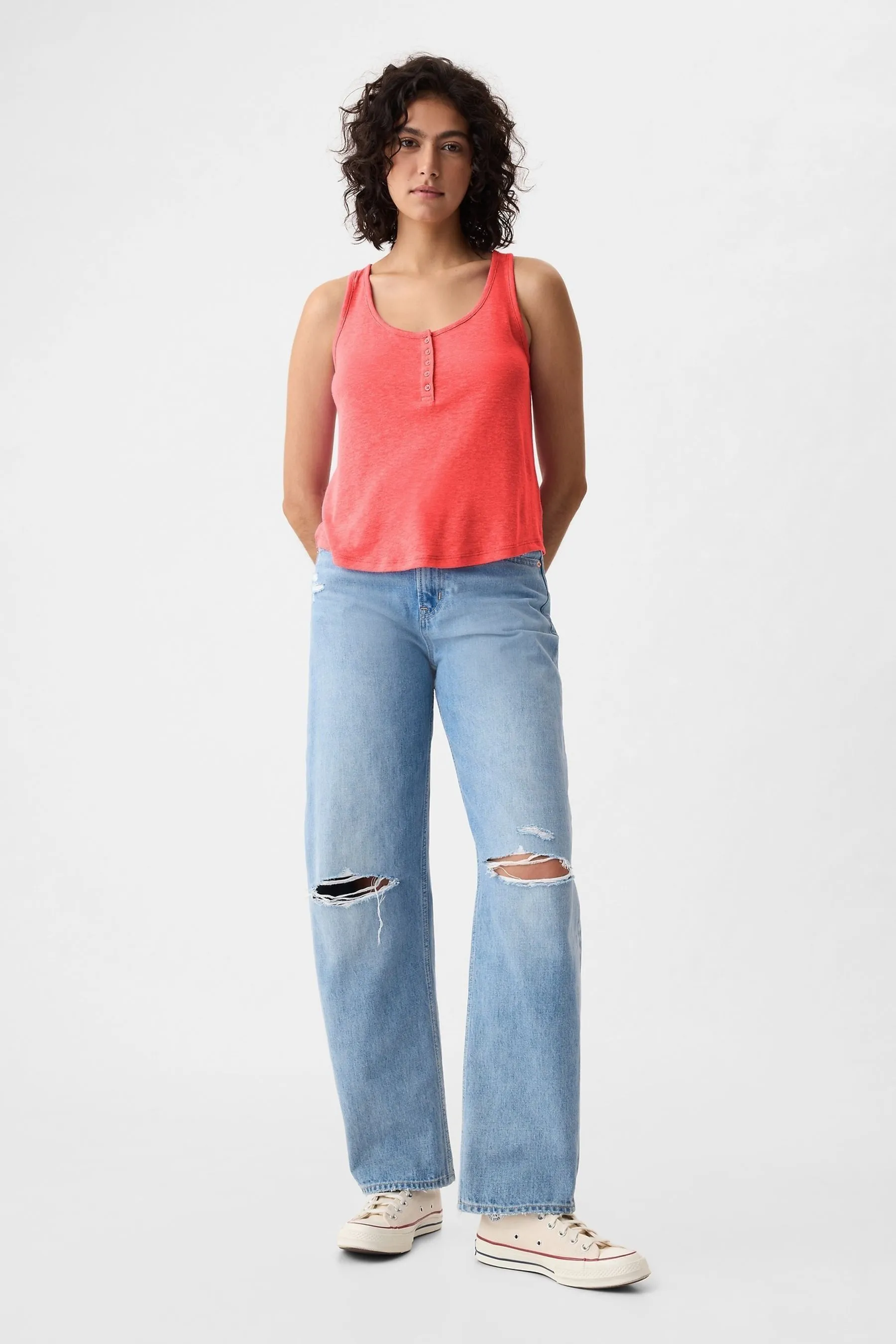 Red Linen Blend Sleeveless Henley Vest Top