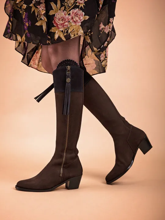 Regina       50% Off   |   Save £197  chocolate & navy Heeled Knee-high Boots        - Sporting Fit