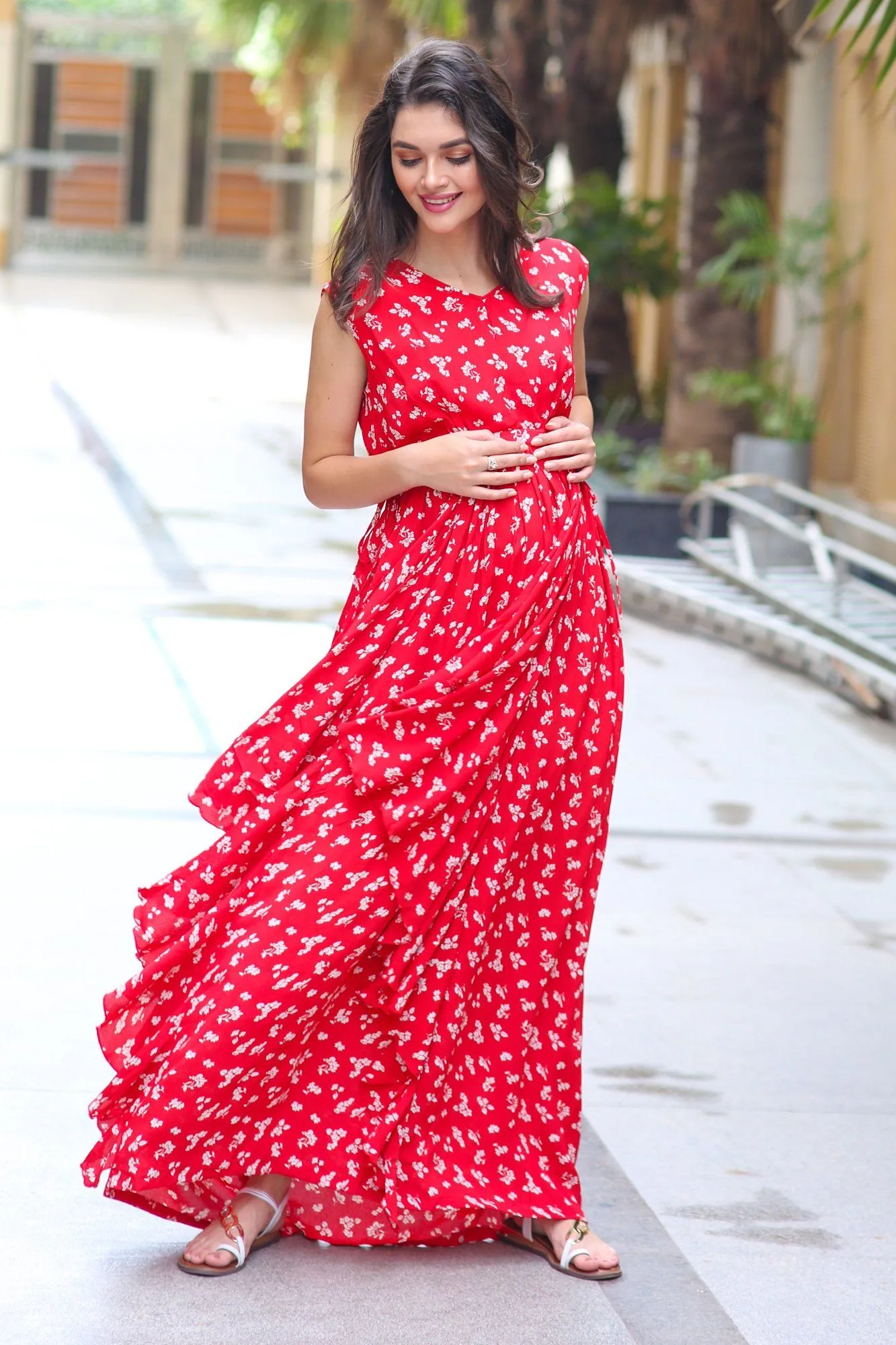 Royal Cherry Luxe Floral Maternity Dress