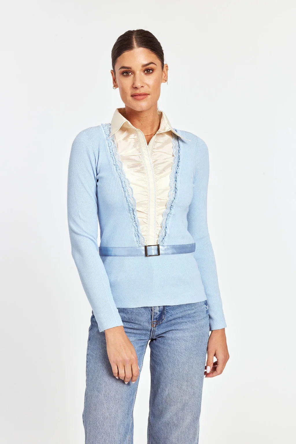 Ruffle Satin Insert Knit Pullover