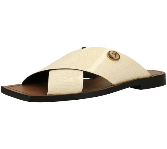 Sandale pour femme Bronx en cuir véritable avec mules d été à talon bloc plat avec application de la marque 84856-H 05 beige