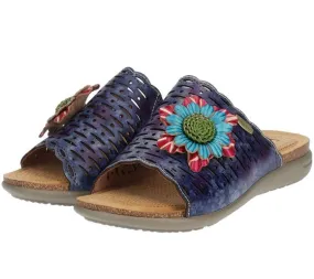 Sandalias de verano mules de mujer Laura Vita de piel auténtica con decoración floral LILOO 11 azul