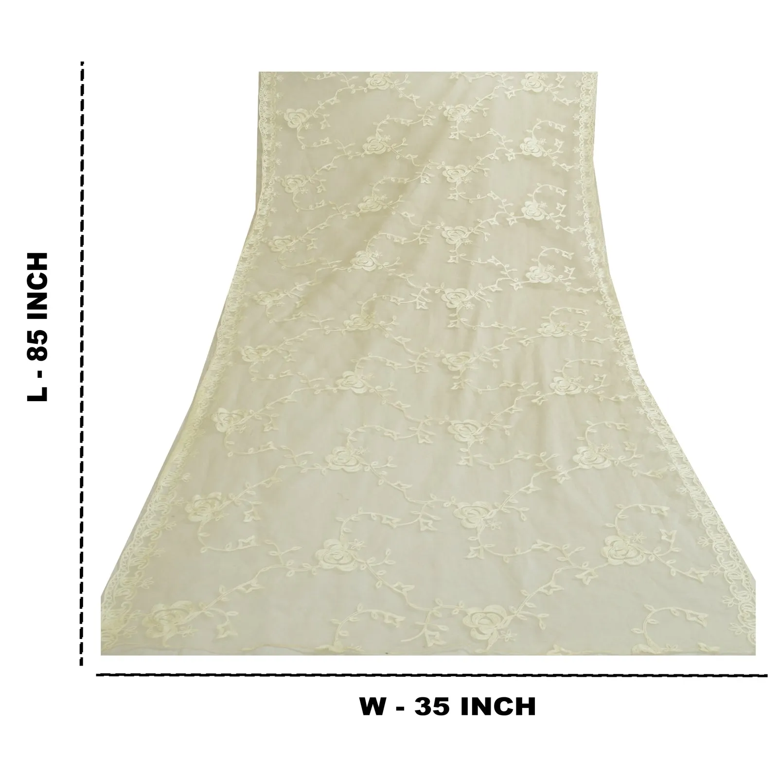 Sanskriti Vintage Cream Long Dupatta Stole Net Mesh Hand Embroidered Wrap Veil
