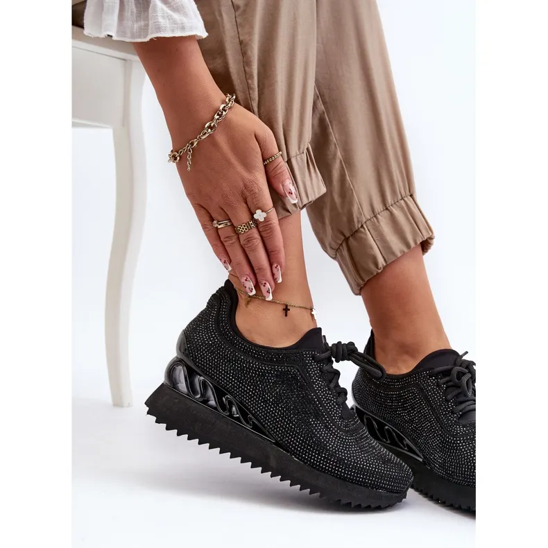 S.Barski Women's Wedge Sneakers Decorated with Zircons D&amp;A MR38-377 Black