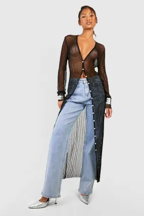 Sheer Ladder Stitch Knitted Midi Cardigan