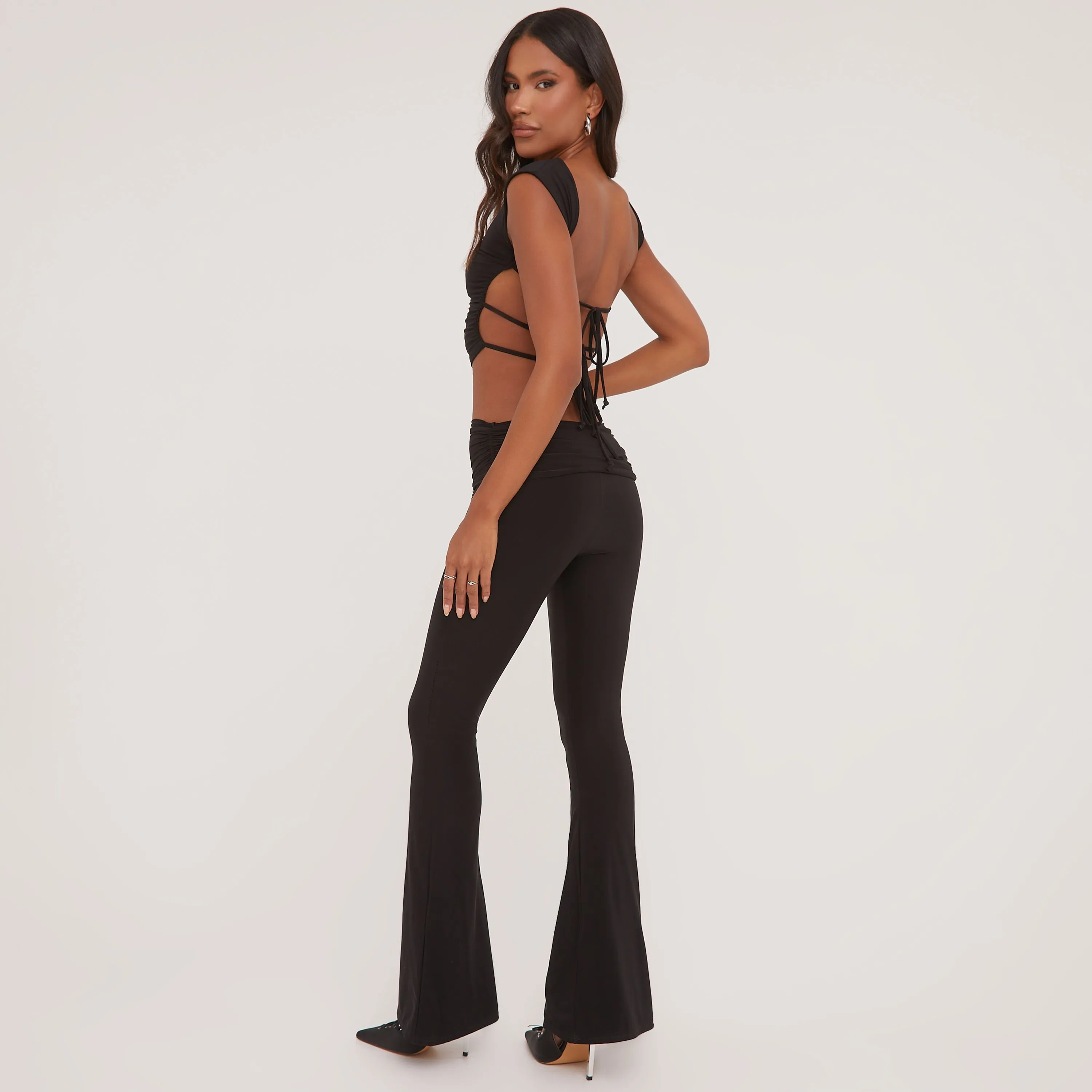 Short Sleeve Backless Top And High Waist Flared Trousers Co-Ord Set In Black
