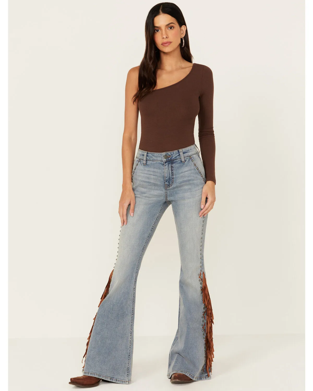 Shyanne Women's Tansy Medium Wash High Rise Fringe Embroidered Stretch Flare Jeans
