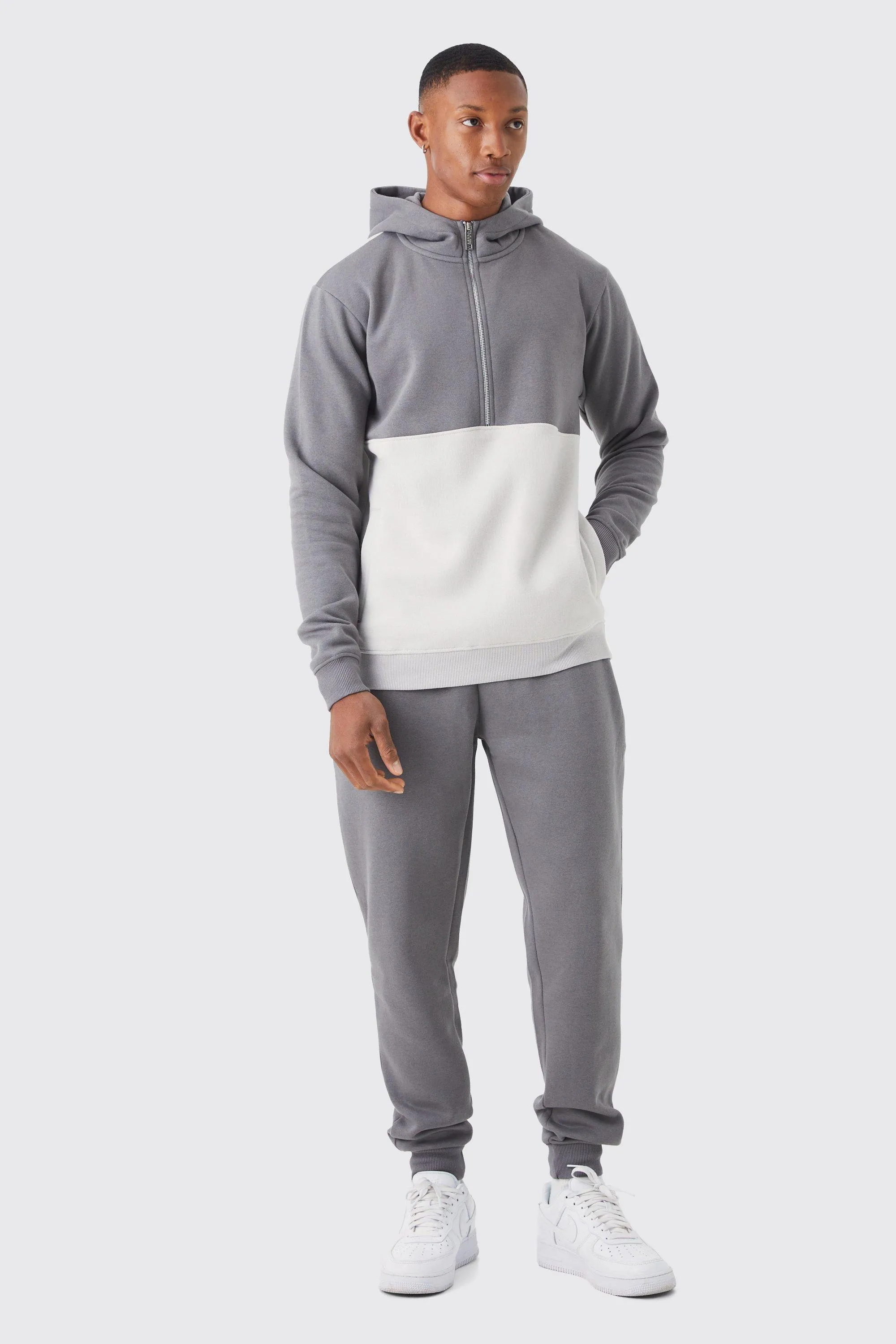 Slim Fit Colour Block Half Zip Tracksuit | boohooMAN UK