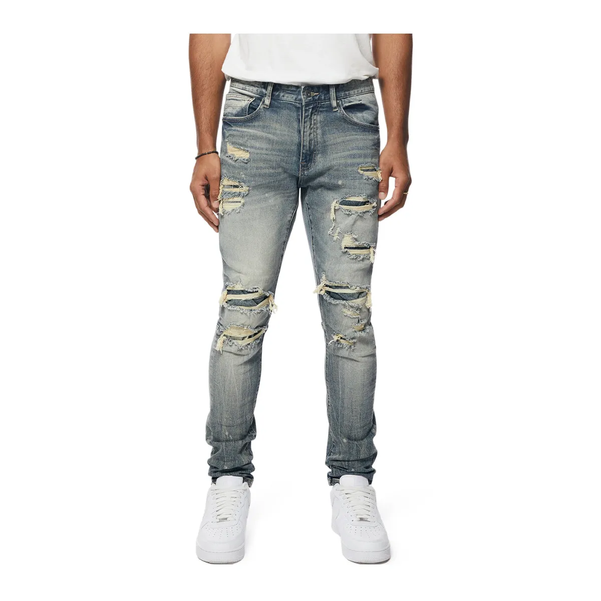 Smoke Rise Mens Rip & Repaired Denim Slim Fit Jeans JP23532 Blue Opal