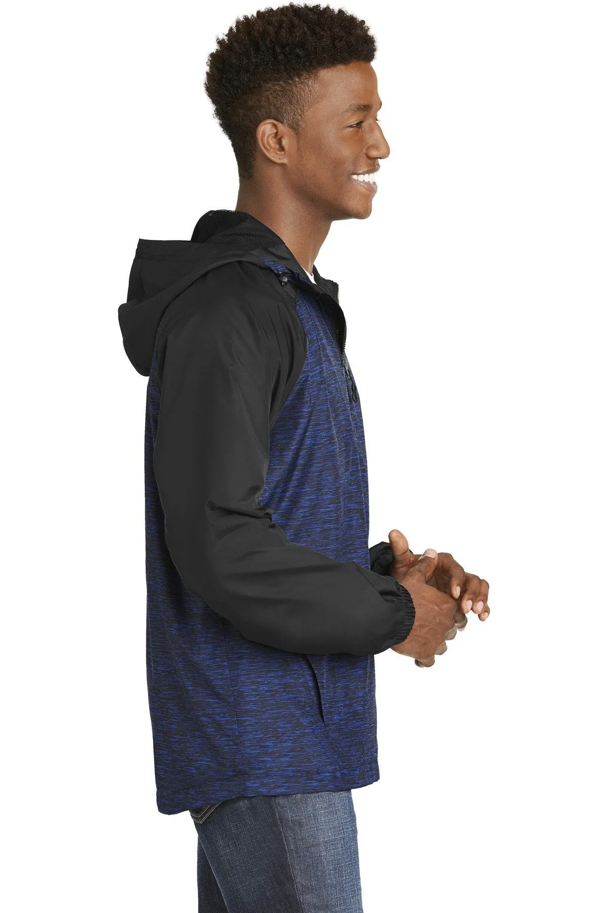 Sport-Tek Heather Colorblock Raglan Hooded Wind Jacket JST40 True Royal Heather/ Black
