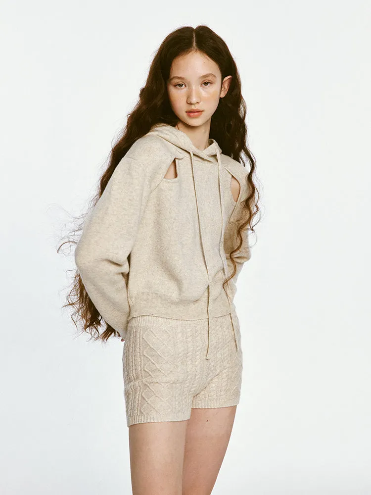 Sporty Cut-out Design Knitted Hoodie & Short Pants