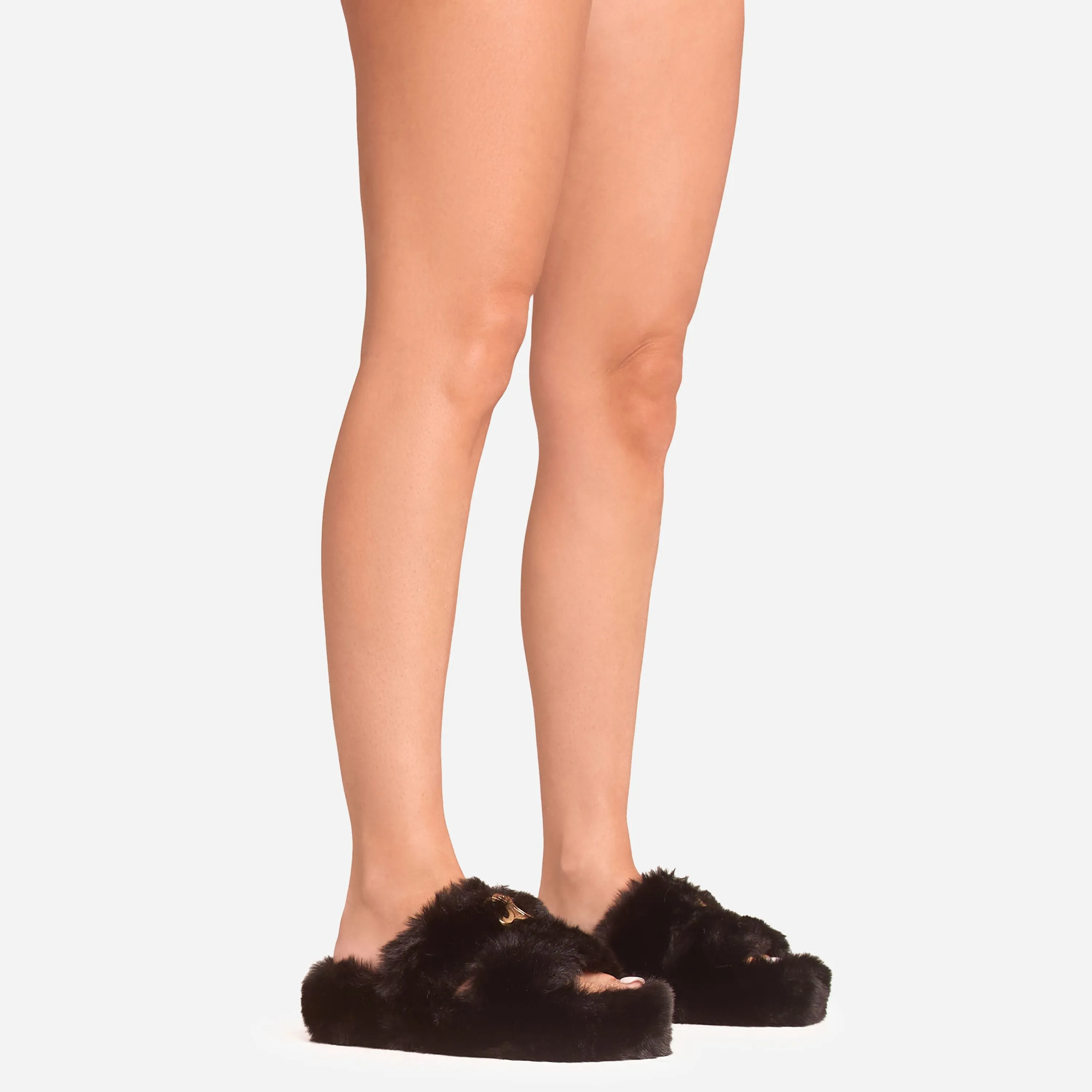 Stass Logo Detail Double Strap Flat Slipper In Black Faux Fur