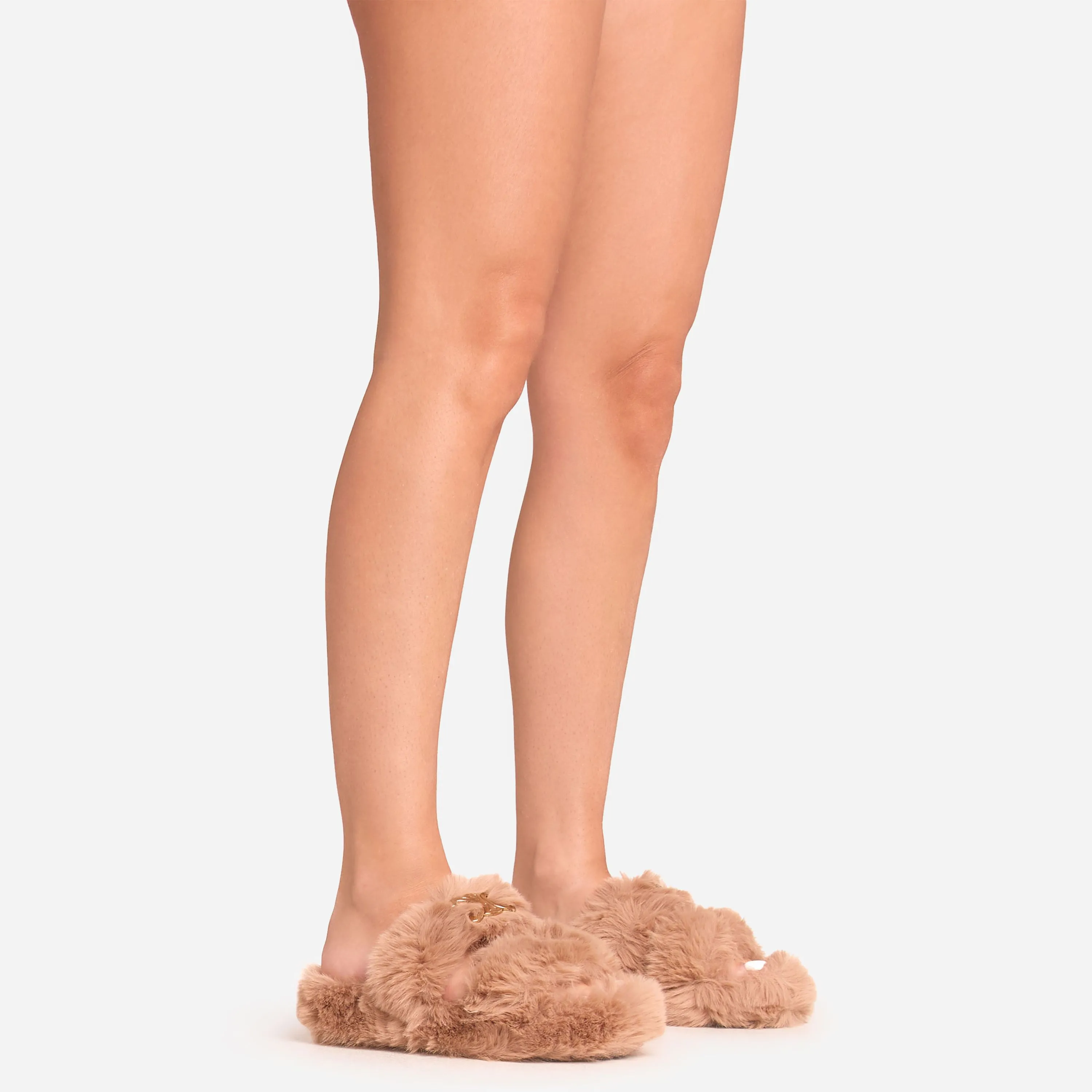Stass Logo Detail Double Strap Flat Slipper In Brown Faux Fur