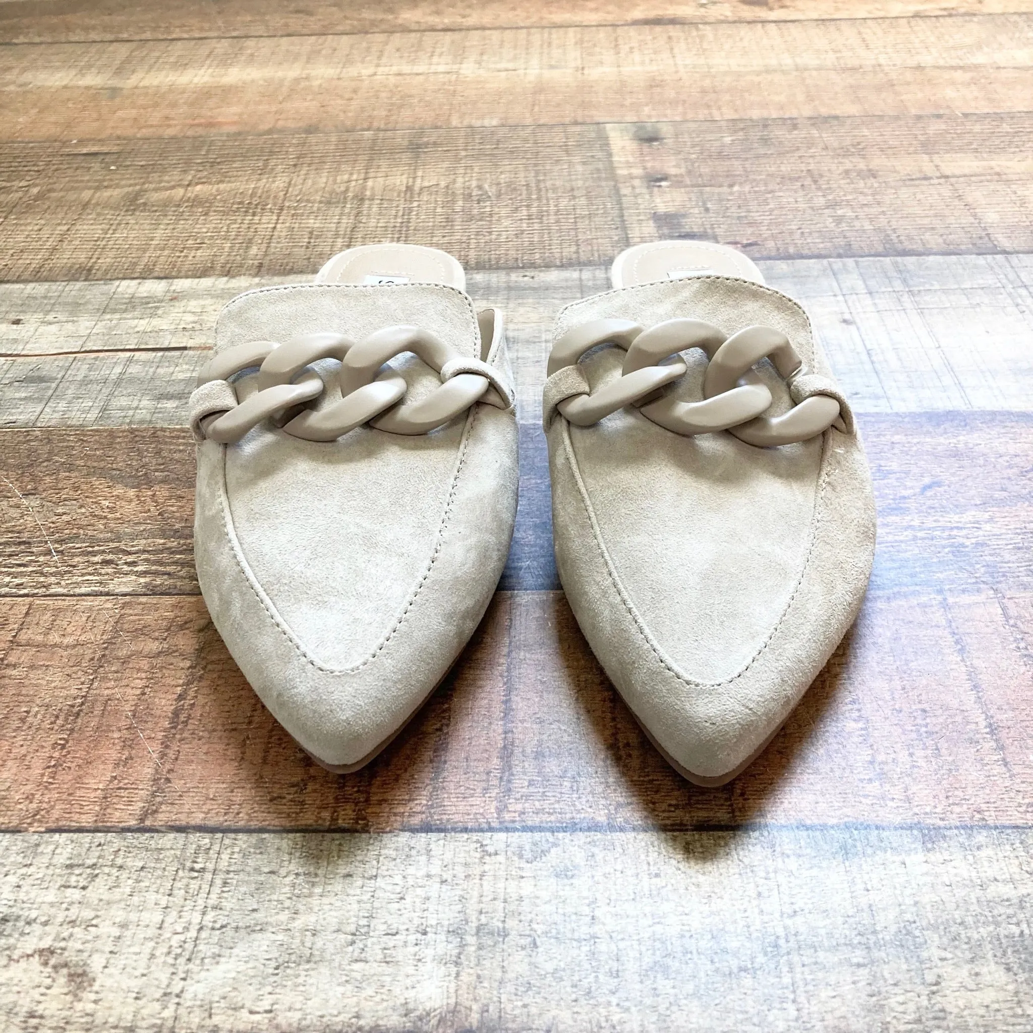STEVE MADDEN TAN SUEDE MULES- SIZE 7.5 (SEE NOTES,  ONLINE)