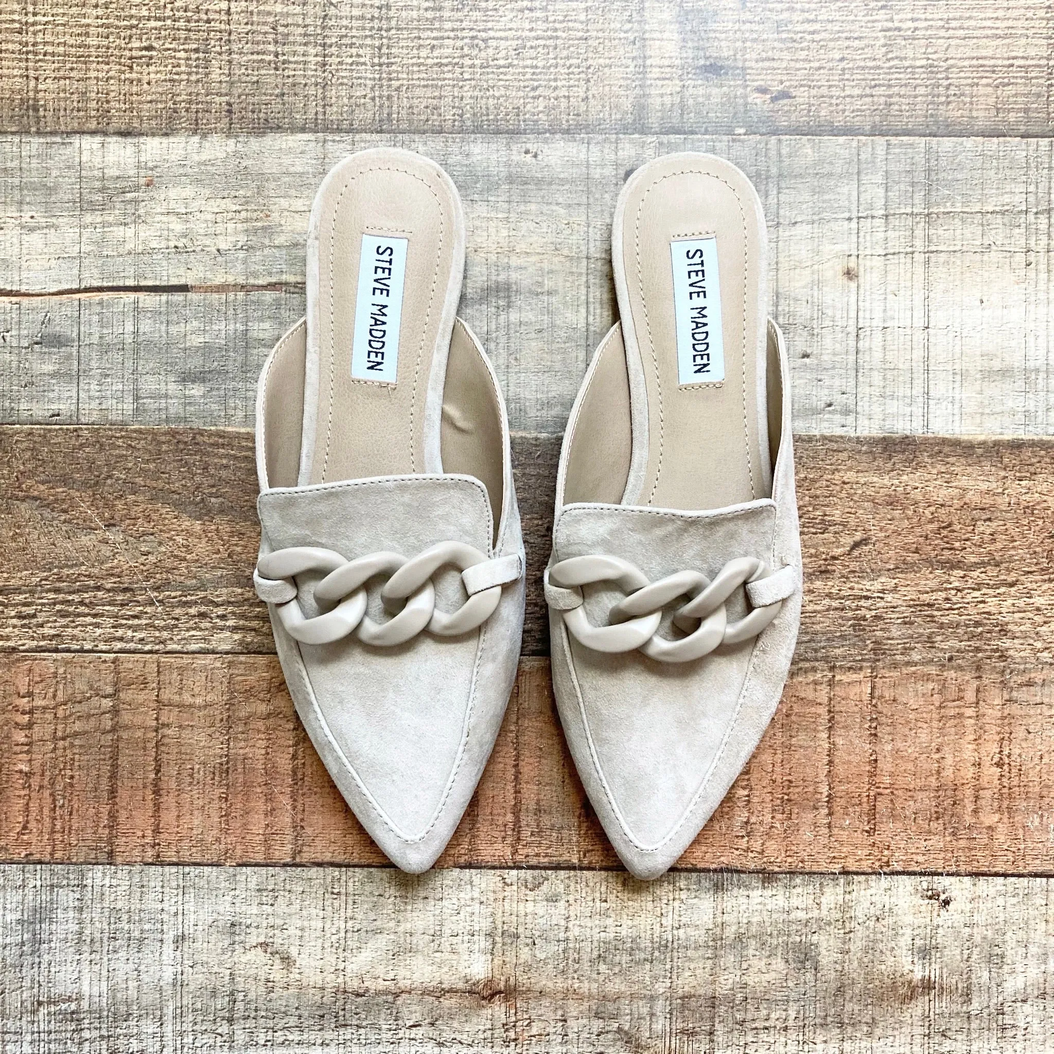 STEVE MADDEN TAN SUEDE MULES- SIZE 7.5 (SEE NOTES,  ONLINE)