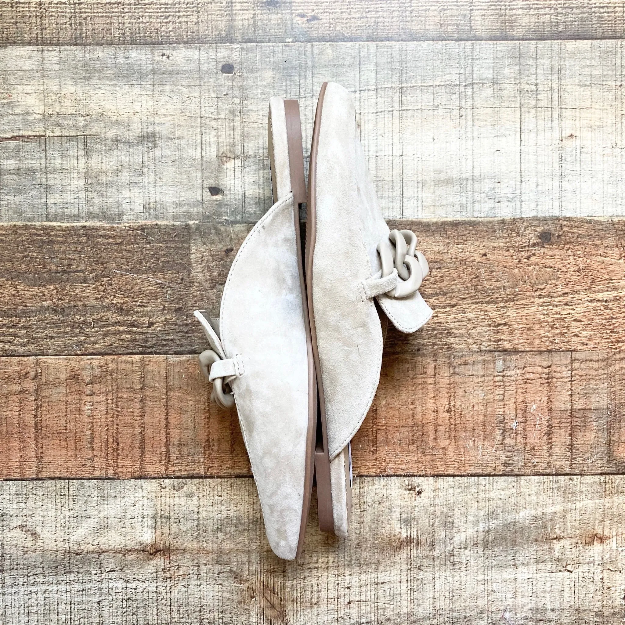 STEVE MADDEN TAN SUEDE MULES- SIZE 7.5 (SEE NOTES,  ONLINE)