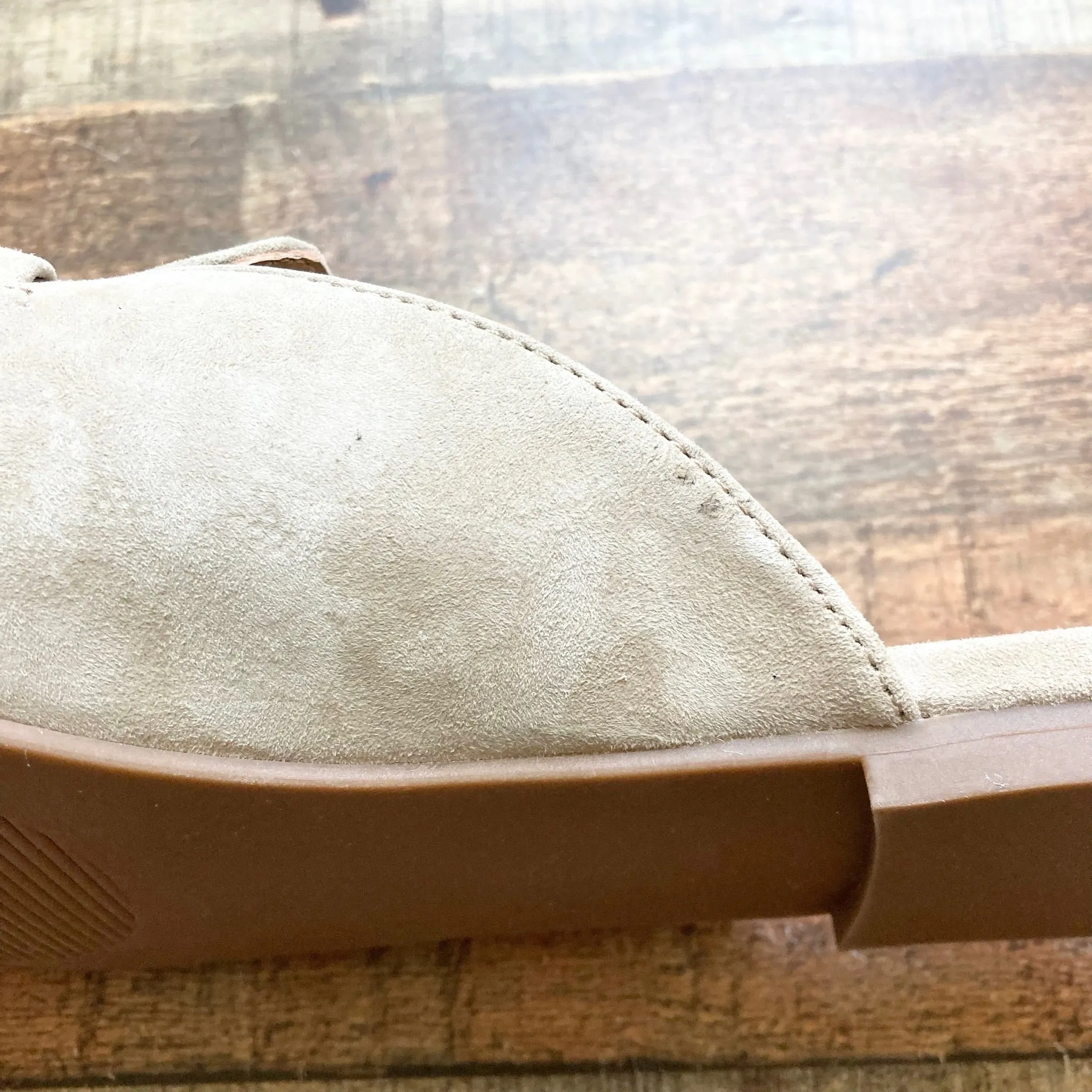 STEVE MADDEN TAN SUEDE MULES- SIZE 7.5 (SEE NOTES,  ONLINE)